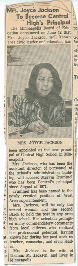 Headline: Mrs. Joyce Jackson to Become Central High's Principal. Undated newspaper clipping about Dr. Jackson found in a program folder, Box 16, Betty T. Girling papers, ua00192, University Archives.