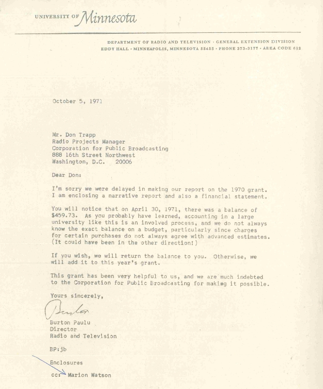Paulu's cover letter for the 1971 Corporation for Public Broadcasting grant expenditures report