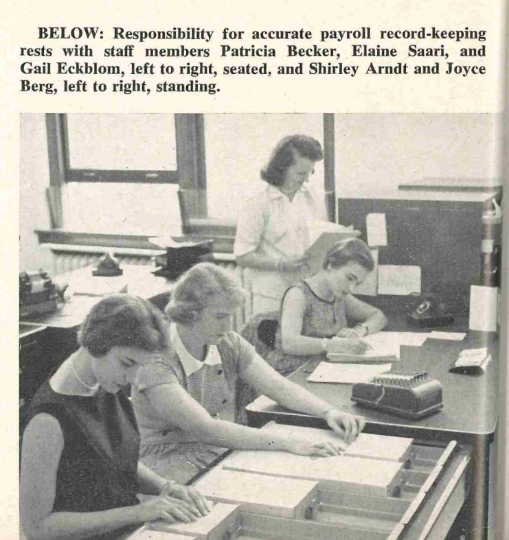 Responsibility for accurate payroll record-keeping rests with staff members Patricia Becker, Elaine Saari, and Gail Eckblom, left to right, seated Shirley Arndt and Joyce Berg, left to right, standing.
