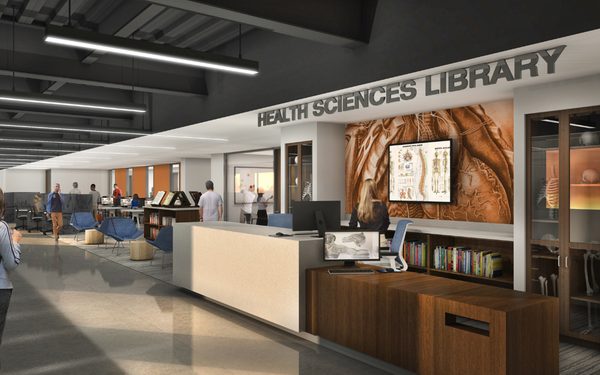 Rendering of library showing the service desk and computing area.