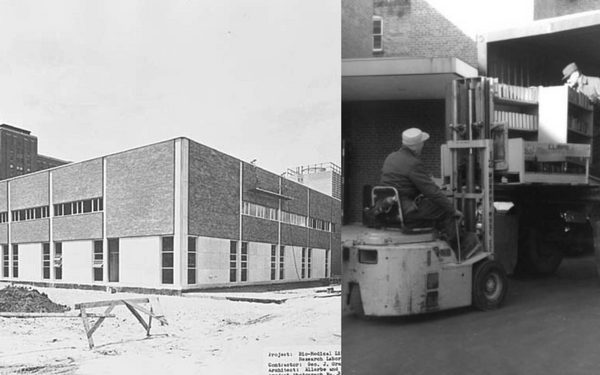 Exterior of a two floor brick building alongside a photo of a person using a loader to load books into the back of a truck.