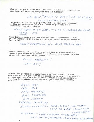 Bill Holm’s author questionnaire from Milkweed Editions for his book Boxelder Bug Variations. Milkweed wanted to know what other books might compete with his book, what kind of experience he had with public appearances and publicity, and to whom they might send advance copies. Holm included Robert and Carol Bly on the list.