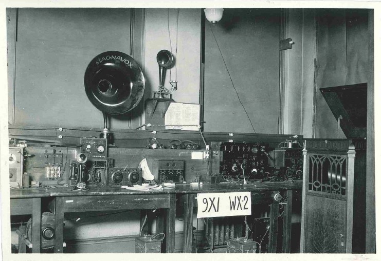 The radio station inside the old Engineering Building displaying transmitting equipment, 1920.