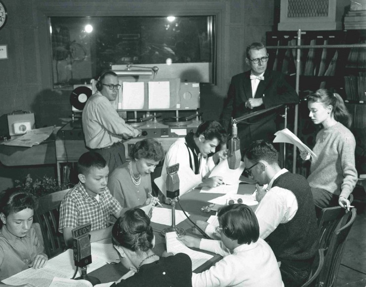 KUOM engineers and radio performers in the studio in 1959. New studios were constructed for broadcasting in the basement of Eddy Hall and station operations moved to Eddy in the spring of 1939. The station operated out of Eddy from 1939 to 1974, when it moved to new facilities in the Rarig Center, the present operating location of Radio K.