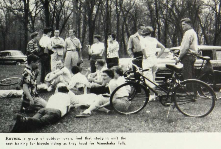 An outdoor student enthusiast club, the Minnesota Rovers, take their bikes to Minnehaha Falls in the 1955 Gopher Yearbook. Available at http://purl.umn.edu/134860