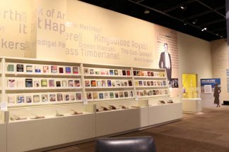 Wall of Books at Sinclair Lewis exhibit at the Minnesota History Center