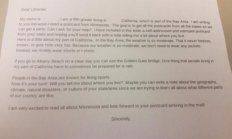 Letter written by a grade school student in California to the librarians at the University of Minnesota's Walter Library.
