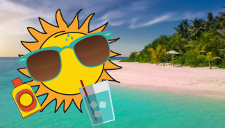 Cartoon sun wearing sunglasses, sipping water and with sunscreen