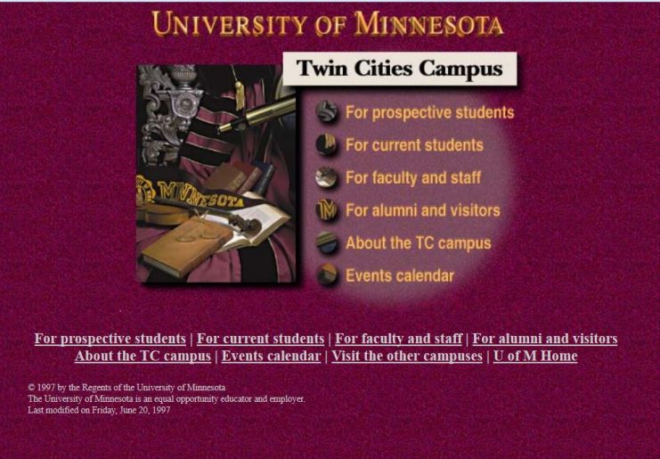 A screenshot of the earliest available U of M homepage, from 1997.