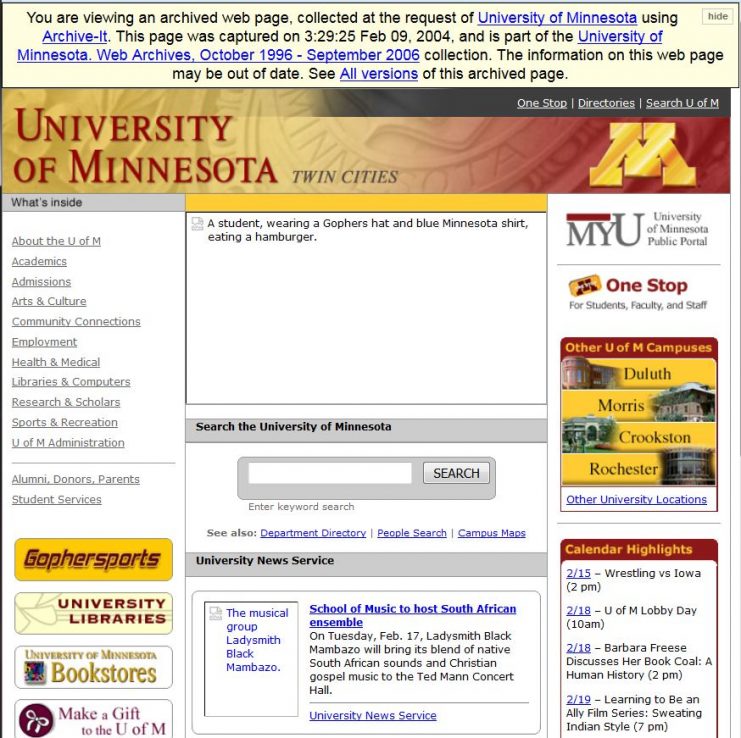 Sometimes the web crawler doesn’t capture all of the content of a page, such as the images on this 2004 Twin Cities homepage.