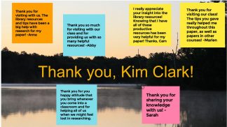 Image of a lake with six digital sticky notes overlaid. The notes are from students thanking Kim Clarke for visiting their class and providing helpful resources for research papers.