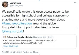 Lauren Eales described their desire to publish OA: “to be accessible for high school and college classrooms- enabling more and more people to learn about #RemoteAcculturation around the globe.”