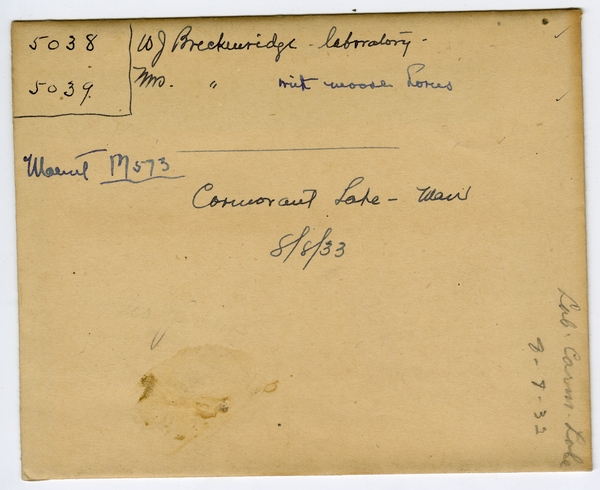 Glass negative envelope with handwritten note "WJ Breckenridge - laboratory."
