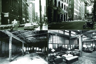 Top: Lowertown St. Paul's 5th Street before and after renovations: crowded streets and desolate storefronts transformed into an appealing destination for pedestrians, bicyclists, and motorists, alike. Safety for all! Bottom: An empty warehouse before and after renovations: an uninhabitable scene of demolition inside of a gutted building finds a gravel floor and a hollow ceiling transformed into the welcoming lobby of an apartment complex, with high ceilings, walls of windows, and plenty of light. Weiming Lu papers, N279, Northwest Architectural Archives