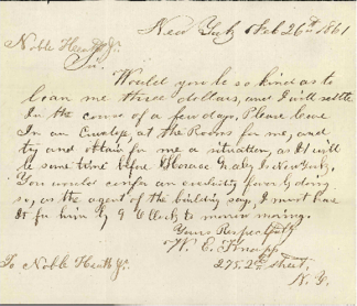 Image of a 1860 New York City letter asking the YMCA to loan him some money.