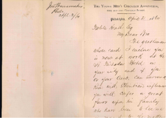 Image of a letter from John Wanamaker, founder of the famed Philadelphia department store, asking the New York Y to call upon a young man and “surround him with Christian influences.”