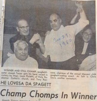 Newsclipping of an annual spaghetti eating competition in the basement of a parish Church, from the Immigration History Research Center Archives’ Vannelli Papers.