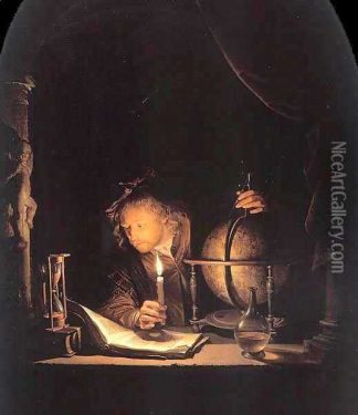 a 17th-century Dutch painting of a scholar studying by candlelight, late at night.