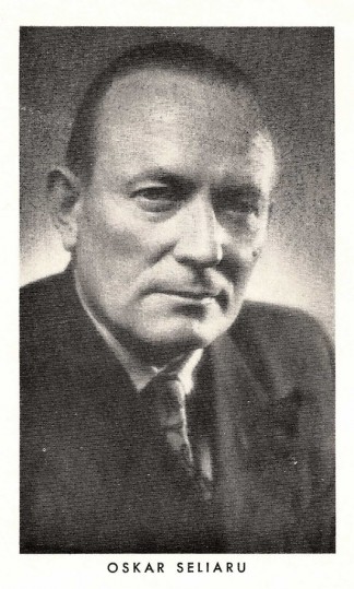 Photograph of Oskar Seliaru, taken circa 1956. The portrait was scanned from a program celebrating Seliaru’s 50th birthday and 30th anniversary as an actor. The image was used frequently, appearing in various programs and newspaper articles.