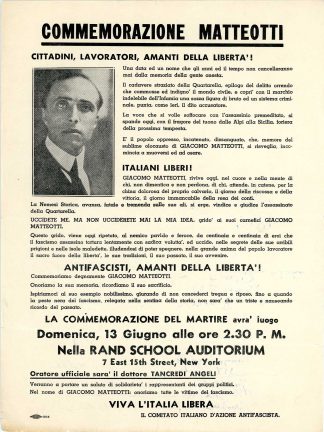 Poster in the Fred Celli Papers calling for commemorative event and antifascist protest in New York, likely 1926, from the Immigration History Research Center Archives Fred Celli Papers.