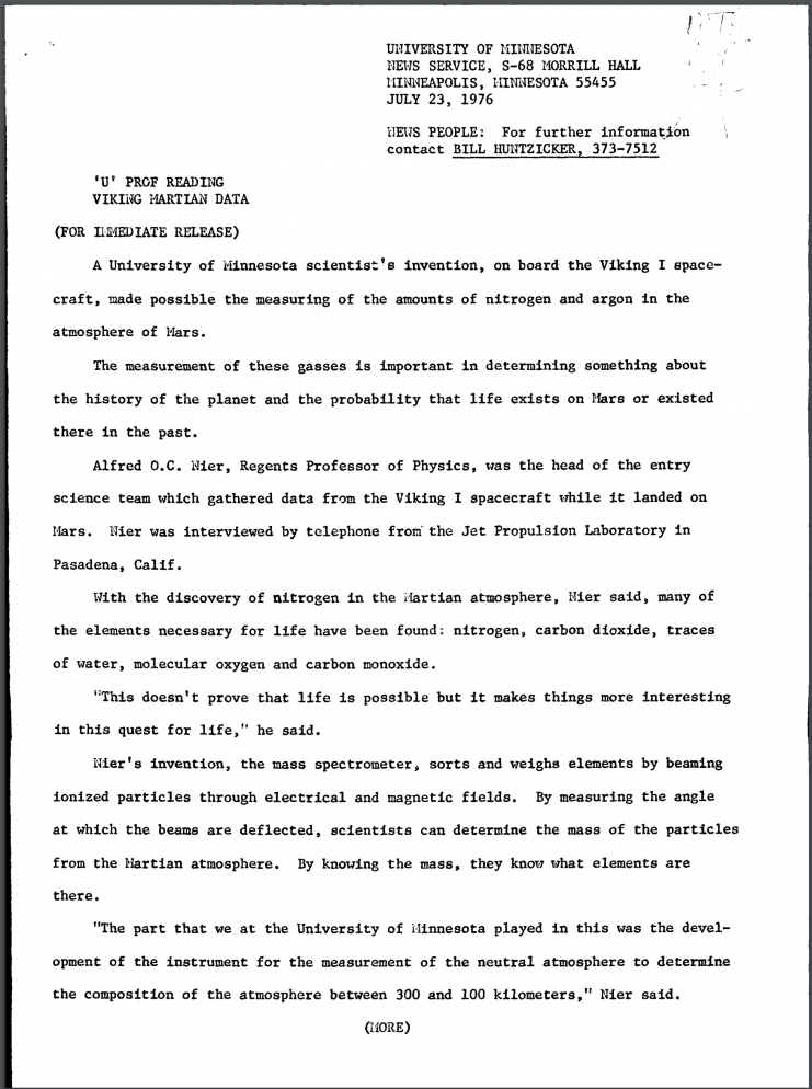 Press release, "'U' Prof Reading Viking Martian Data," July 23, 1976. Available at http://hdl.handle.net/11299/51885.