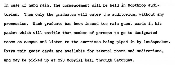 Text of the June 4, 1968 press release informing attendees that in the event of rain, the ceremony will be held in Northrop Memorial Auditorium.