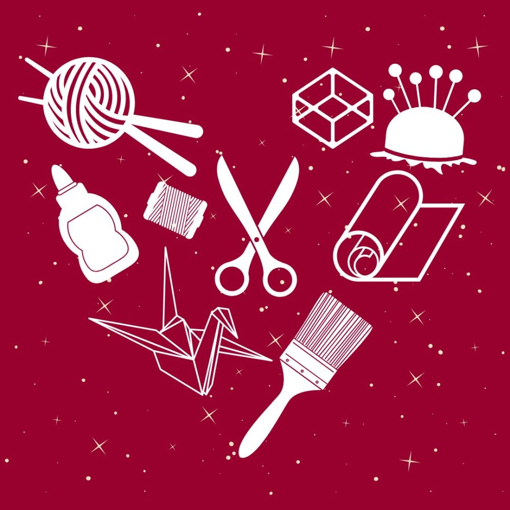 Graphic featuring icons of paintbrush, scissors, glue, and other crafting materials
