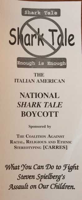 Pamphlet boycotting the perpetuation of national stereotypes of Italians as Mafiosi in Steven Spielberg’s Shark Tale, from the Immigration History Research Center Archives’ Tanzilo Papers.