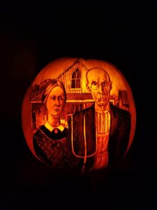 A Jack-O-Lantern of "American Gothic" by Grant Woods. Courtesy of Justin Boeser (@justingregoryyy)