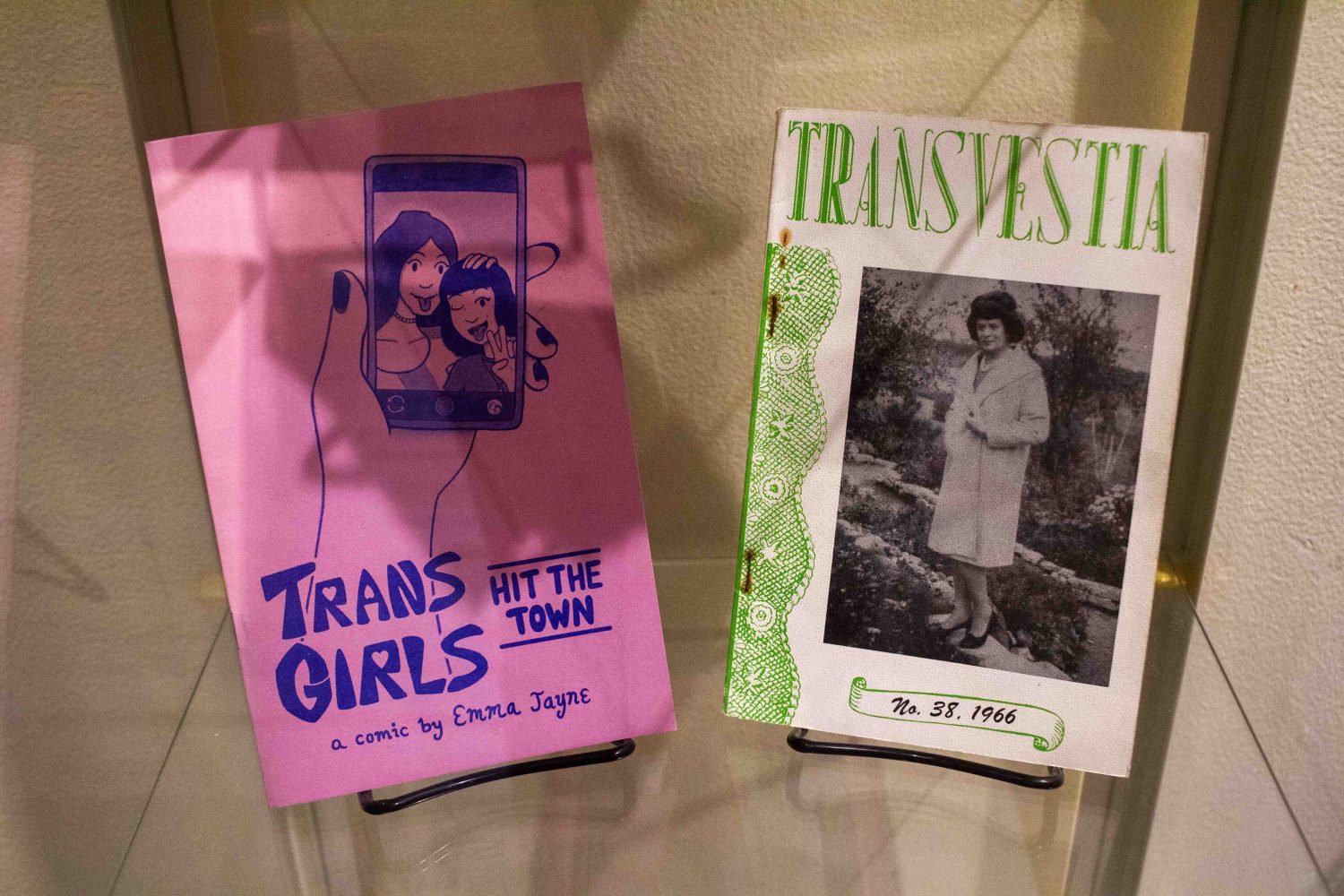 "Trans Girls Hit The Town" by Emma Jayne and Issue No. 38 of "Transvestia," published in 1966, on display at Open Book in Minneapolis, on Wednesday, Nov. 29, 2023. (Photo/Adria Carpenter)
