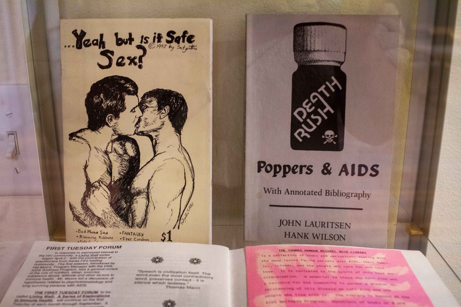 A collection of publications about HIV/AIDS, safe sex, and drug use, on display at Open Book in Minneapolis, on Wednesday, Nov. 29, 2023. (Photo/Adria Carpenter)