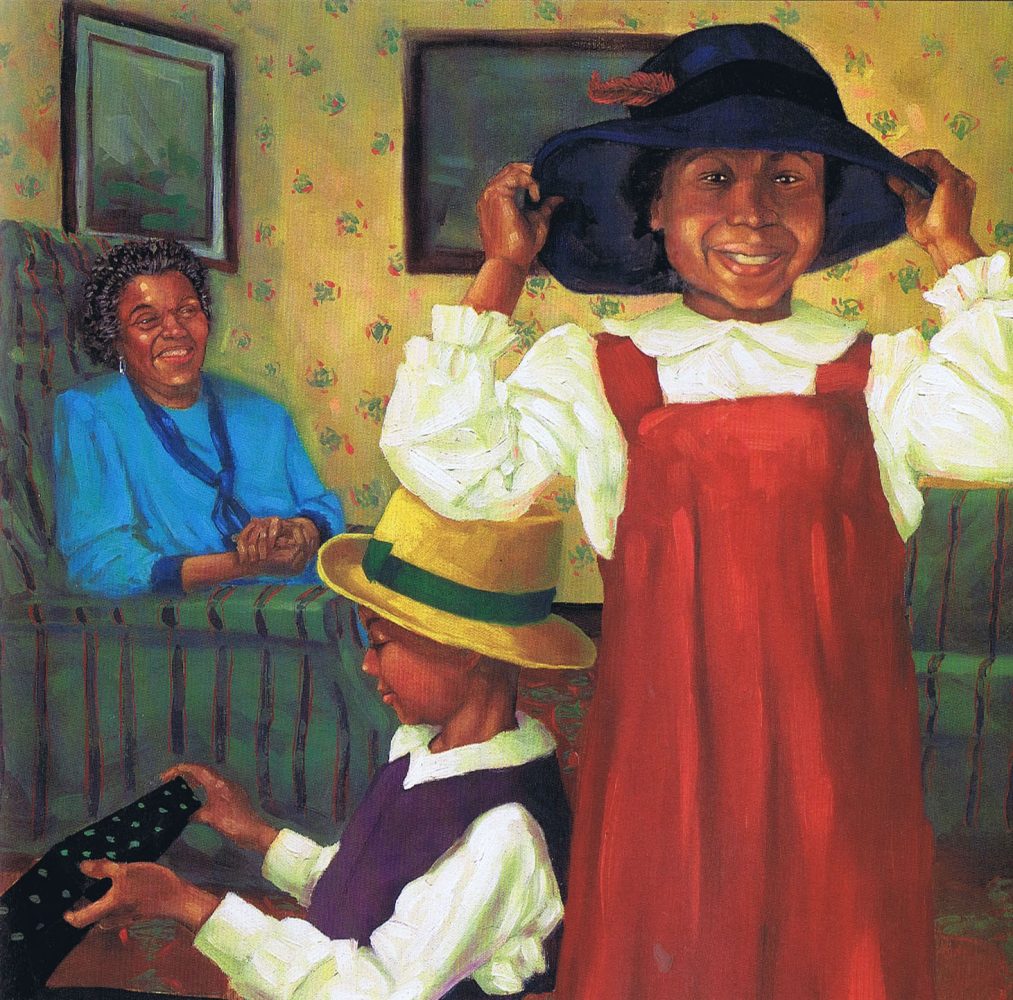 Illustration of a young girl wearing a wide brimmed hat with another child and an adult in the background. Archival image from The Children’s Literature Research Collections