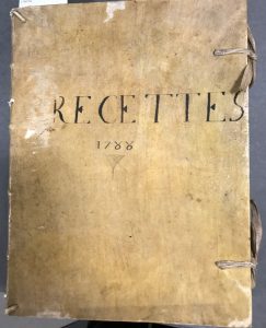 Archival image of the cover of an 18th century French recipe book from the James Ford Bell Library