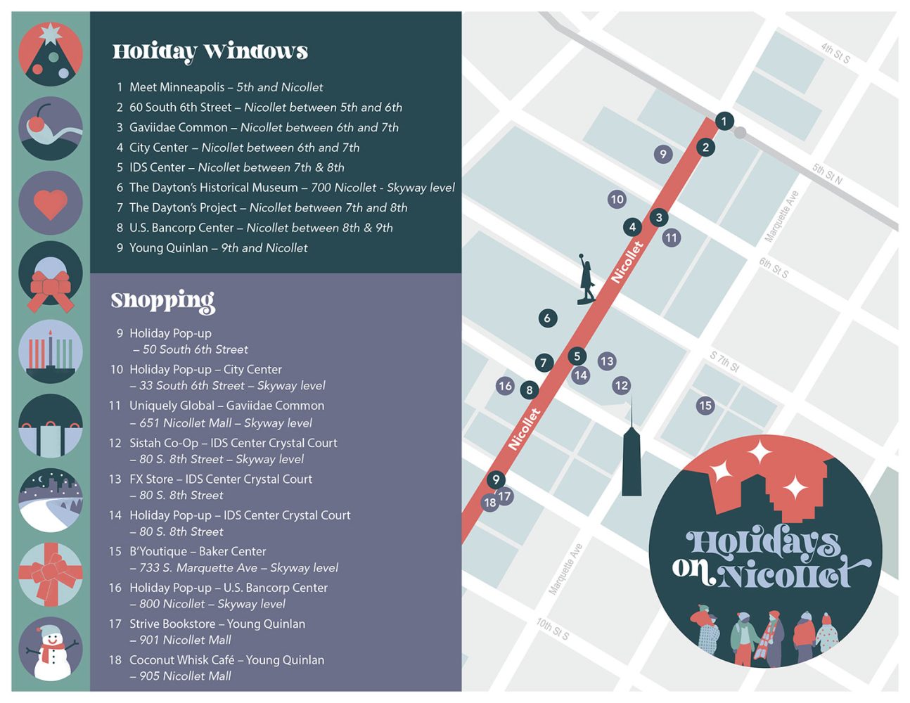Map of locations downtown Minneapolis for the Holidays on Nicollet promotion.