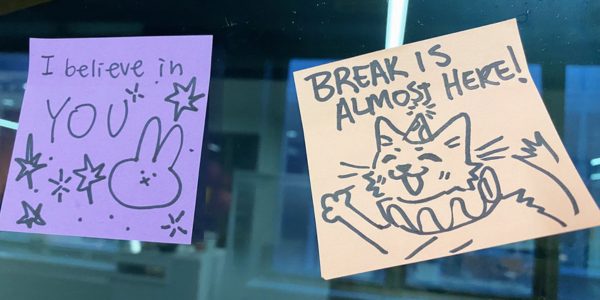 Two post-it notes with drawing and text: I believe in you, break is almost here