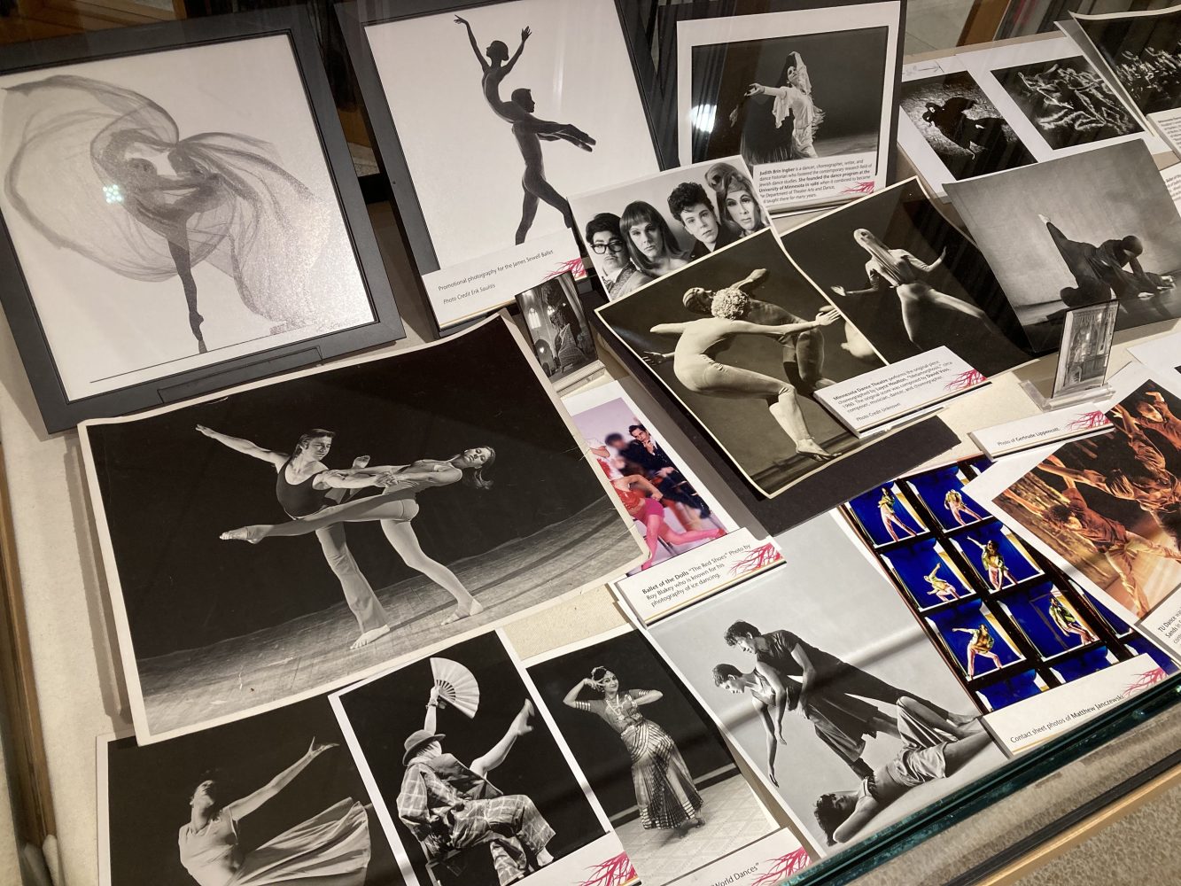 The photography case at the "Dance Roots" exhibit. (Photo/Deborah Ultan)