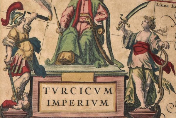 Illustration of a figure seated on a throne flanked by two figures brandishing weapons. Cropped form a map of the Turkish Empire, 1667