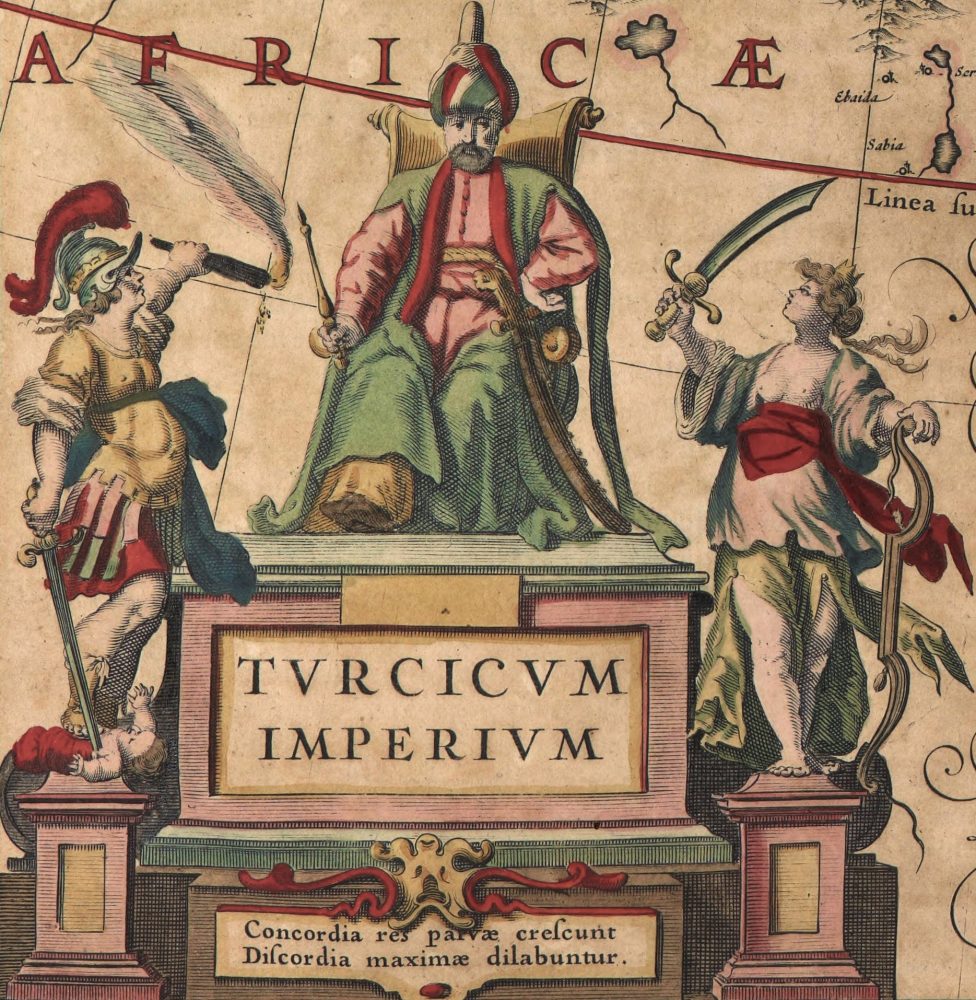 Illustration of a figure seated on a throne flanked by two figures brandishing weapons. Cropped form a map of the Turkish Empire, 1667
