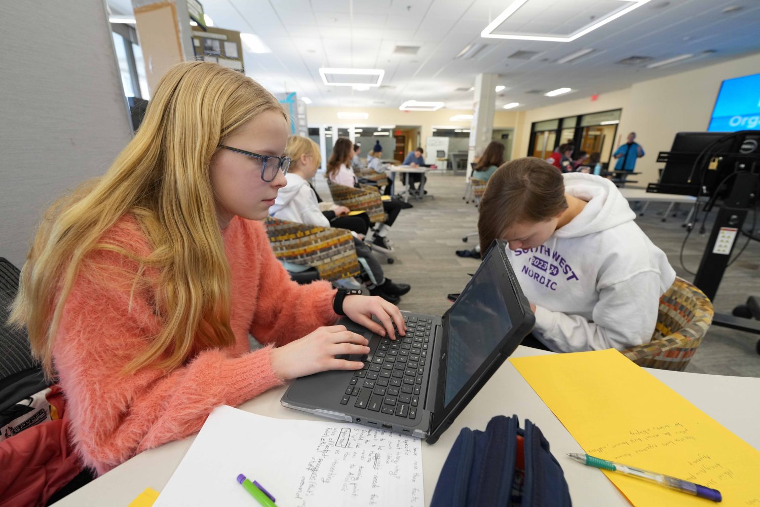 Twin City students work on their National History Day projects at Wilson Library during the annual Gopherbaloo on Saturday, Jan. 13, 2024. (Photo/Luke Logan)