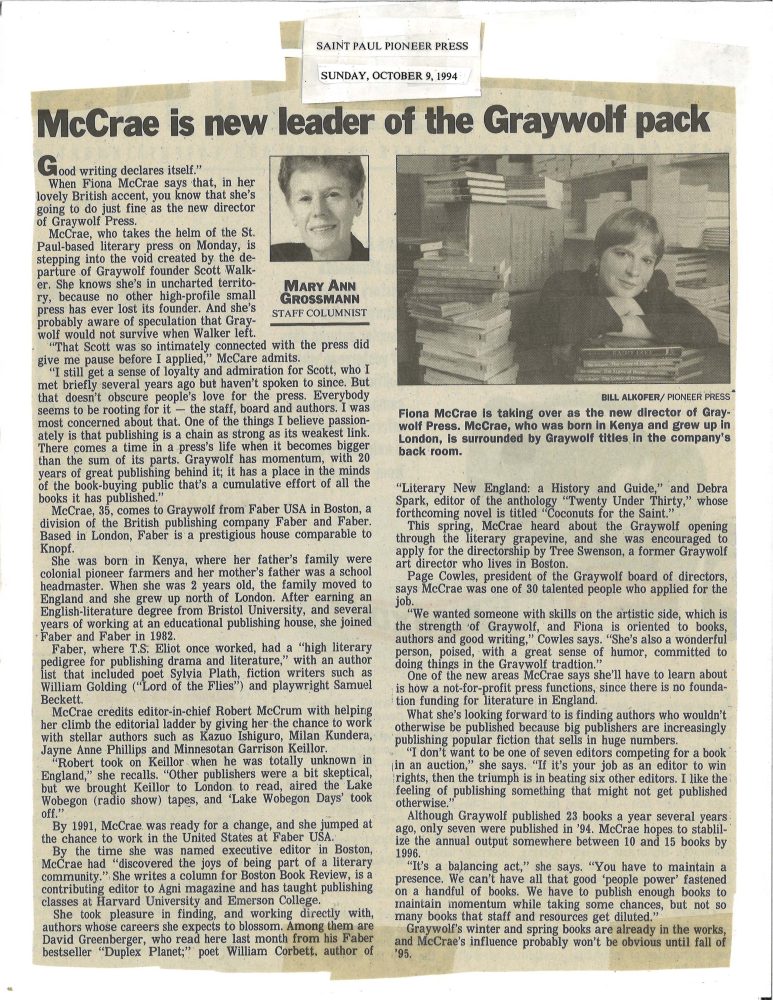 "McCrae is the new leader of the Gray Wolf Pack" by Mary Ann Grossmann for the Saint Paul Pioneer Press on October 9, 1994.