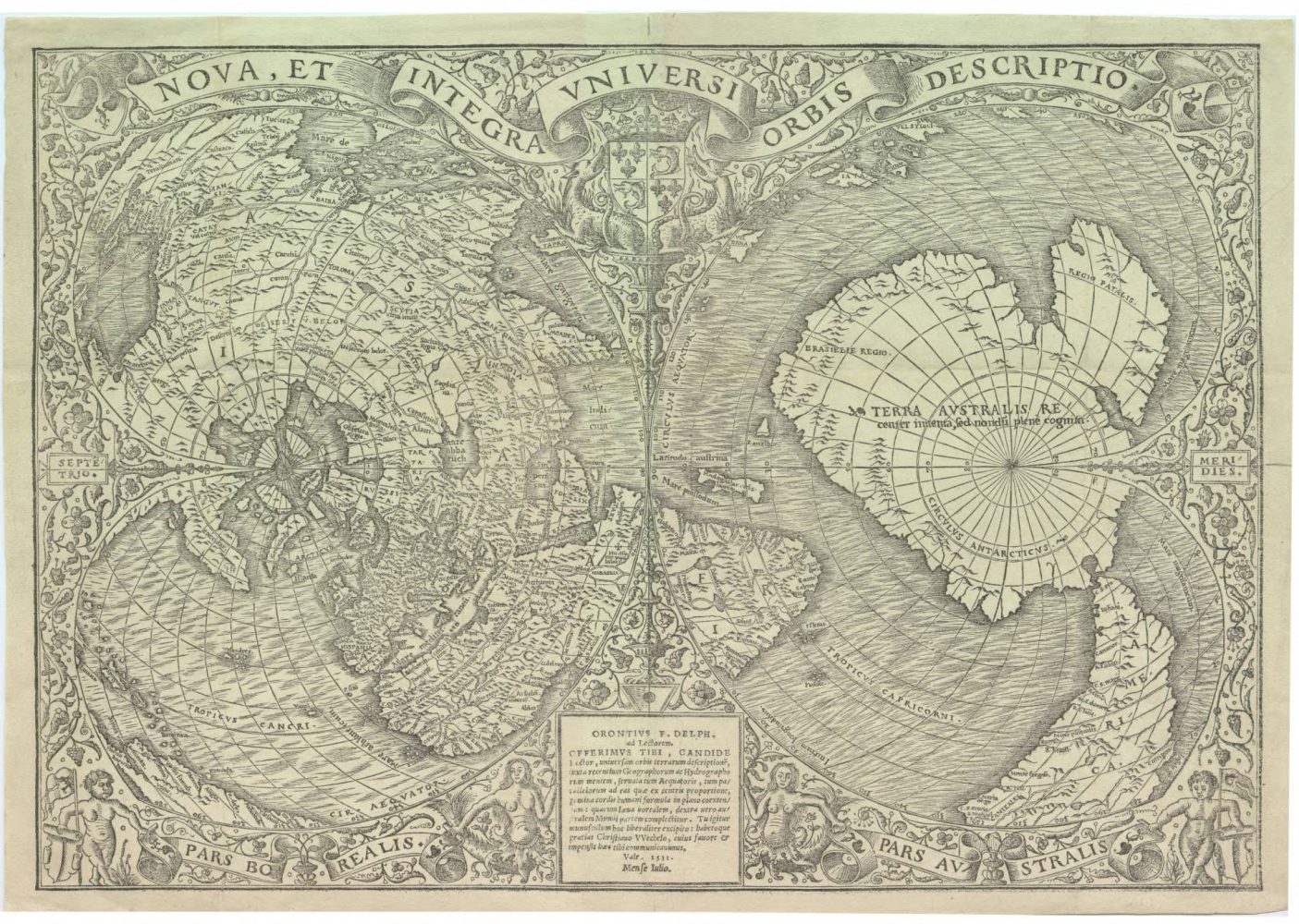 Cordiform or heart-shaped, double hemisphere map, split at the equator with North to the left and South to the right of the image.