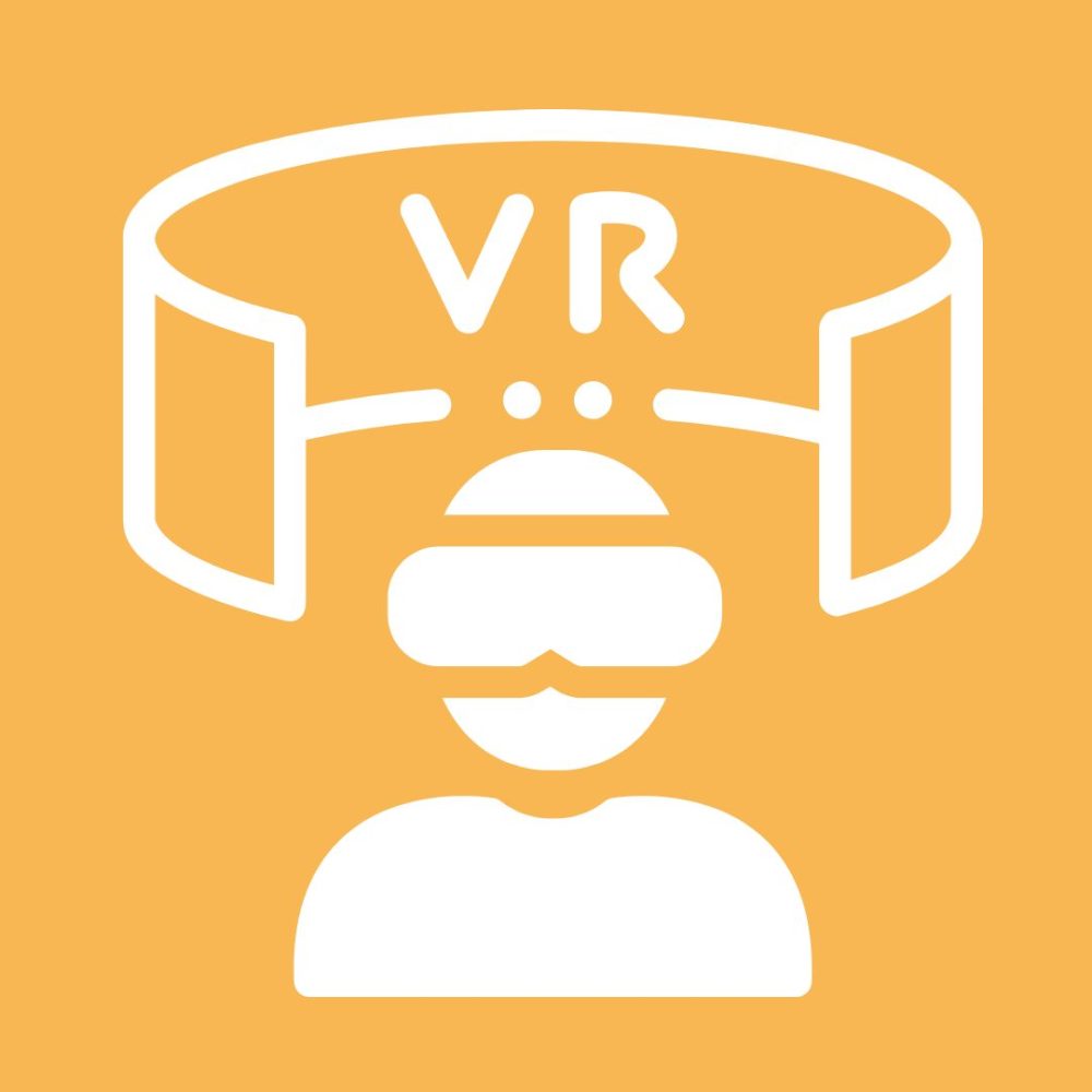 A white icon on an orange background of a person wearing a VR headset.