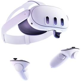A white VR headset with two controllers.