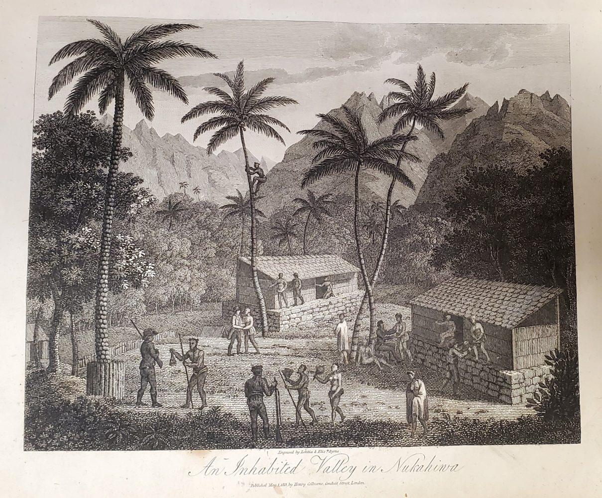 Village scene with two houses, human figures and tall palm trees.