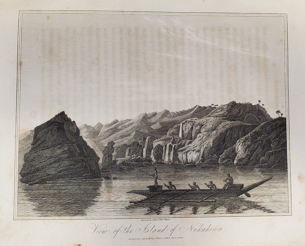 Island profile with canoe in the foreground. Five rowers; one standing on an elevated platform at the front.