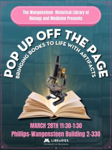 Promotional poster for "pop up off the page," featuring a microscope