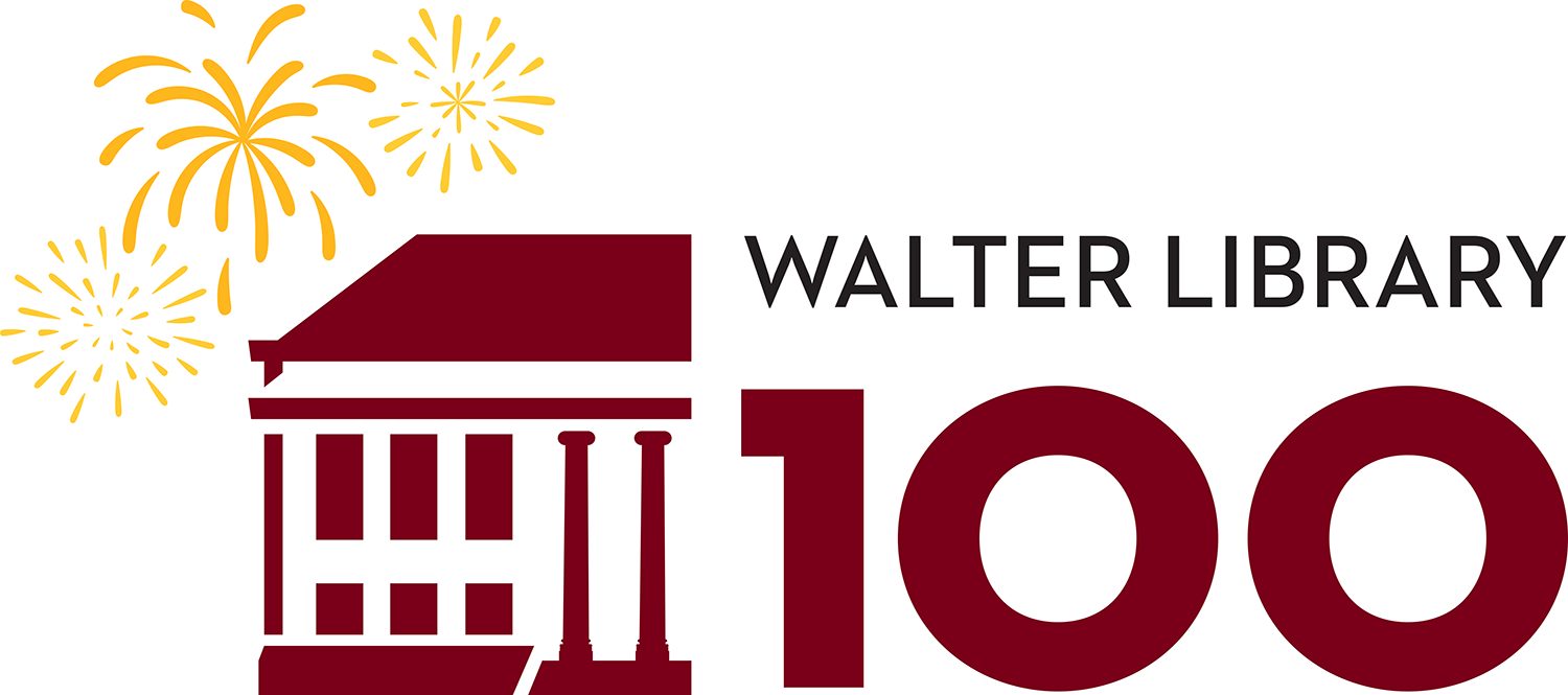 Walter 100 logo featuring a graphic illustration of the Walter Library building with fireworks