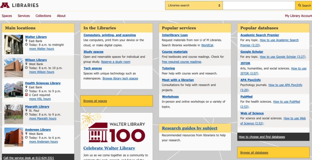 UMN Library homepage.