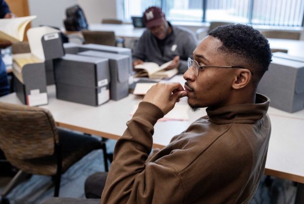 Quentin Francis, director of youth development at the Ann Arbor YMCA in Michigan, takes a moment to think during the fellowship program on Wednesday, April 17, 2024. (Photo/Adria Carpenter)