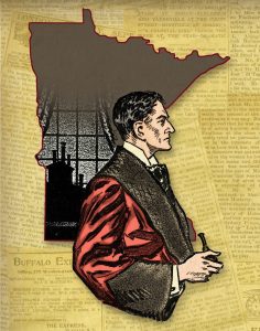 Collage of illustrations show Sherlock Holmes partially obscuring the shape of the state of Minnesota